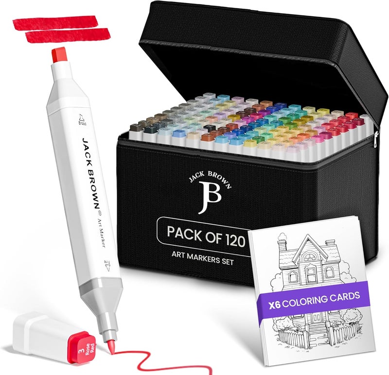 JACK BROWN 120 Colors Alcohol Markers Set with Fine & Chisel Dual Tip - Professional Art Markers for Adults & Kids, Perfect for Drawing, Sketching, Coloring & Animation - Includes Durable Marker Case - Image 1